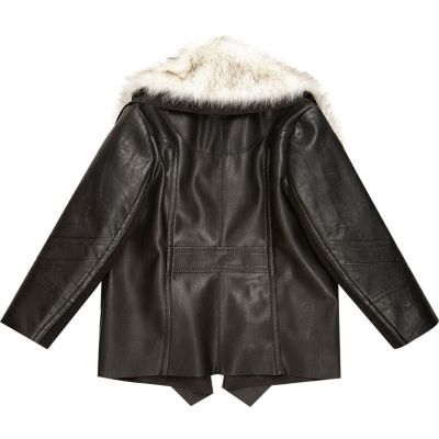 Mini girls black draped leather-look jacket